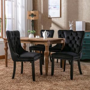 Chaise Salle &agrave; Manger 2 Pcs Velours Capitonn&eacute;e Pieds Bois Clous Noir