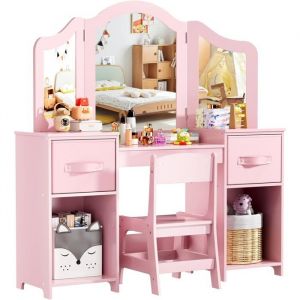 Coiffeuse 2 en 1 pour Enfant avec Miroir Amovible - Coiffeuse Princesse avec Chaise - en Bois Rose