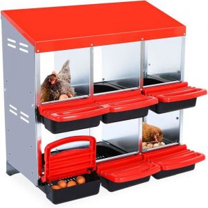 Bo&icirc;te &agrave; Nid pour Poules Coop pour 6 Poules Pondeuses Bo&icirc;te &agrave; Nid &agrave; 6 Compartiments Cage &agrave; Poules en Acier，Rouge
