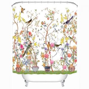 Rideau de Douche 180x180 cm - Imperméable en Polyester avec 12 Crochets - Motif aux oiseaux et fleurs - Anti-Moisissure et Durable