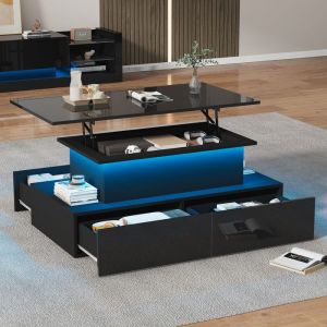 Table basse rectangulaire avec éclairage LED et 4 tiroirs plateau relevable Table basse moderne Table dappoint jusquà 30 kg