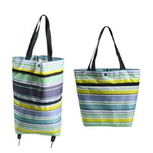 Sac de courses pliable - Sac de courses - Rayures bleu-jaune - Tissu Oxford - Roulettes - 15 livres de capacit&eacute;