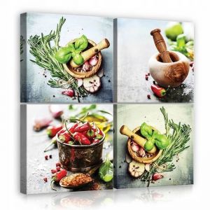Impression sur Toile 4 parties Cuisine Herbes 50x50 cm XXL Tableau Décoration Murale Intissée pour Salon Chambre pret a accroche