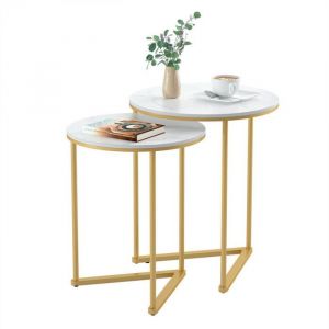 Table Gigogne de Salon Lot de 2 Table d’Appoint Ronde Blanche Marbre Bout de Canapé de Salon Design Or - 45x55cm - 40x50.5cm
