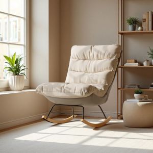 Fauteuil à Bascule Rocking Chair Chaise Loisirs pour Salon Pieds en Métal et en Bois Massif Tissu lin plus tech 72x83x93cm