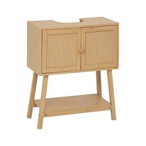 Meuble sous lavabo en cannage avec 2 portes et 1 &eacute;tag&egrave;re coloris ch&ecirc;ne - Longueur 70 x Profondeur 30 x Hauteur 80 cm