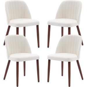 Lot de 4 chaises de salle &agrave; manger - TOYS S - rembourr&eacute;es - dossier haut - pieds en BOIS et tissu effet velours -BLANC