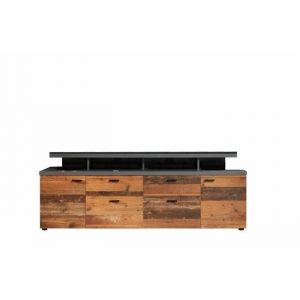 Meuble TV MOOD 2 portes et 2 tiroirs - Mélaminé bois vieilli et gris mat - L  180 x 47 x 66 cm