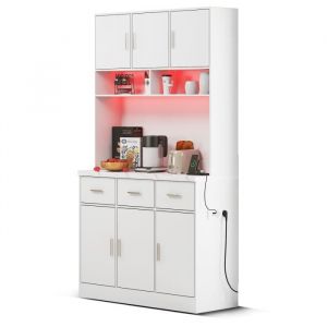Meuble Buffet haut de cuisine blanc avec éclairage LED salle a manger en bois-Style Contemporain-L 100 x P 40 x H 180 cm