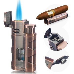 Briquet temp&ecirc;te 3 Allume-feu &agrave; Jet et Butane Briquet &agrave; gaz Rechargeable pour Camping Utilisation de la Faune id&eacute;e Cadeau(Marron)