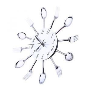 Horloge murale de cuisine grande surface de miroir 3D argent design moderne couverts ustensiles de cuisine cuill&egrave;re fourchette