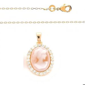 Collier - Femme - Pendentif - Ovale - Cam&eacute;e - Rose - Plaqu&eacute; Or Jaune 585/1000 - 14 Carats - 45 cm - For&ccedil;at