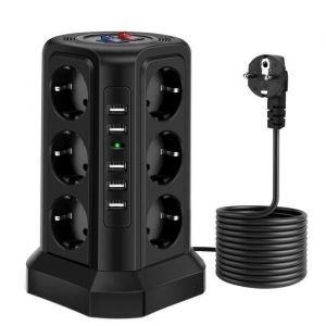 12 Prises Tour Multiprise avec 5 Ports USB Multiprise Electrique parafoudre et surtension2 Interrupteur Individuel1.8M