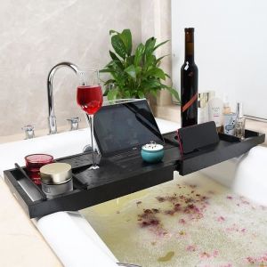 Pont de baignoire extensible en bambou JNIS - Noir mat - Pivotant coulissant - Verre - 70-105cmx23x3cm