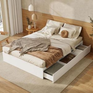Lit coffre 140 x 200 cm lit double lit fonctionnel lit en bois massif coffre de rangement sous le lit avec tiroirs blanc
