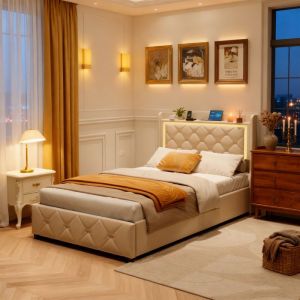 Lit 90x200 cm Velours Beige - NMONET - lit scandinave avec LED - cadre de lit simple avec sommier &agrave; lattes - pour adulte enfant