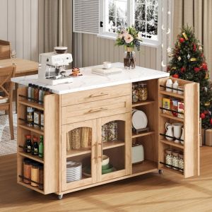 &Icirc;lot de Cuisine Mobile - avec Table Rabattable Portes Vitr&eacute;es 2 Tiroirs et &Eacute;tag&egrave;res &ndash; 120 x 45 (70) x 90 cm - Bois Naturel