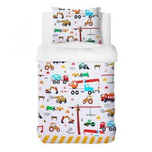 Parure de Lit Enfant - Housse de Couette 140x200 cm +1 Taie 50x75 cm Motifs de Camions/Pelles Excavatrices/Grues 1 Personne