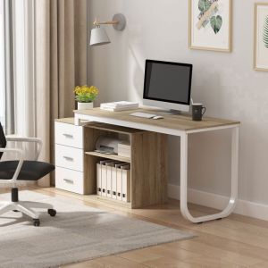 Bureau avec Rangement Pivotant et Extensible Tiroirs et Compartiments Bureau d&rsquo;Angle avec Aspect du Bois 140x105x75 Naturel