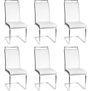 Chaises de salle &agrave; manger contemporaines - Simili cuir - Lot de 6 - Blanc - Pieds en m&eacute;tal chrom&eacute;