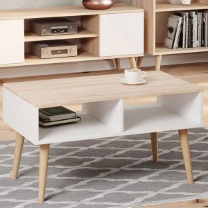 Table basse scandinave blanche - chêne de wotan avec pieds en bois – L 90 x P 50 x H 55 cm – SANDI