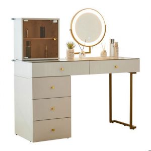 Coiffeuse avec Miroir LED Luminosity Réglable Plateau Transparent en Verre Trempé 5 Tiroir120 x 45 x 115 cm (sans tabouret)