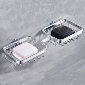 Porte-Savon &Agrave; Double Barre Porte-Savon De Douche Auto-adh&eacute;sif Porte-Savon Pour Salle De Bain Porte-&eacute;ponge De Savon En Aluminium