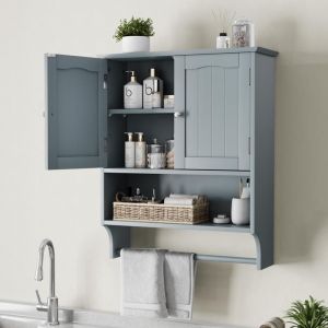 Armoire murale de salle de bain avec porte-serviettes et 2 portes et étagères ouvertes armoire à pharmacie- TOPESCT