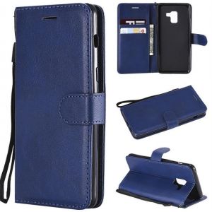 Housse Étui pour Samsung Galaxy A8 2018 PU Cuir et Silicone Couleur Unie Portefeuille Magnétique Support Dragonne Protecteur -Bleu
