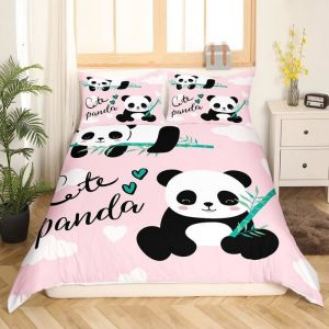 Dessin anim&eacute; Panda Parure de Lit 140x200cm Housse de Couette Animaux pour Enfants Gar&ccedil;ons Filles Faune Housse de Couette Panda Rose
