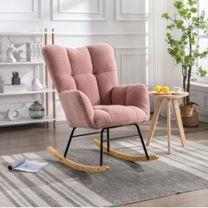 Fauteuil à BasculeScandinaveFauteuil de bureauRocking ChairChaise à BasculeTissu en teddy fleeceRoseCharge Maximum 150 kg