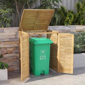 GIANTEX Abri de Jardin 120L avec Porte Verrouillable-Cache-Poubelle en Bois avec Couvercle Relevable-Cha&icirc;ne M&eacute;tallique-86x70x114CM