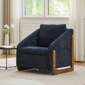 Fauteuil de Salon Moderne dAdulte avec coussin de dossier Chaise longue Chambre avec accoudoirs en bois tissu chenille bleu