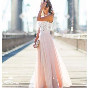 Femme Robe Maxi Longue avec Dentelle Mousseline de Soie sans Manches Elégant Dos Nu Dress de Soirée Cérémonie Cocktail Mariage