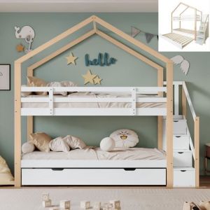 Lit superposé enfant 90x200 cm et 90x190 cm Lit cabane enfant mezzanine 2 places avec 4 tiroirs avec sommier à lattes Blanc