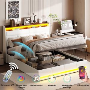 Lit LED 160x200 avec rangement &ndash; Cadre de lit deux places avec sommier &ndash; PU &ndash; Lit rembourr&eacute; &ndash; T&ecirc;te de lit avec rangement &ndash; Blanc