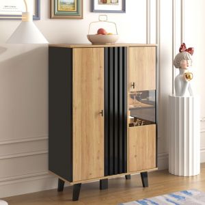 OKWISH Buffet Bahut Moderne 80×40×120cm - Avec Verre et Éclairage LED 2 Portes - Couleur Bois+Noir