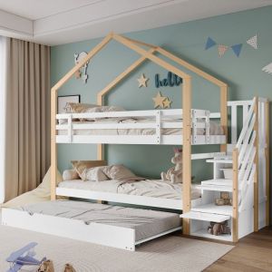 Lit superposé enfant cabane-90x200-3 places-avec lit coulissant 90x190-escalier avec 3tiroirs-barrière de sécurité-Bois + MDF-Blanc