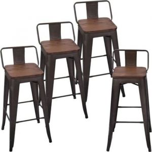 Lot de 4 Chaises Salle &agrave; Manger Industriel Empilable Tabouret Cuisine Jardin Balcon M&eacute;tallique Noir en Fer/M&eacute;tal Bois