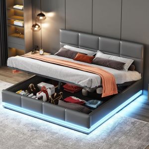 KoDise Lit coffre 160x200 cm Lit double Lit rembourr&eacute; - cuir artificiel - avec &eacute;clairage LED - t&ecirc;te de lit r&eacute;glable - gris