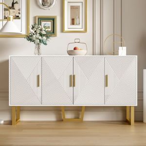 Buffet bahut 4 portes - Style Moderne - Blanc - 150x40x82 cm - Pieds en métal - Buffet bas de rangement - Buffet de salon