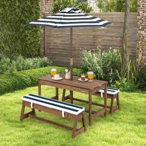 GIANTEX Ensemble Table de Jardin et 2 Bancs Enfant en Bois avec Parasol Amovible /RéglableTable Pique-Nique en ExtérieurBrun+Bleu