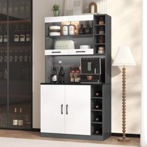 Buffet Bahut Buffet haut cuisine bois 100x47x187cm LED éclairage ambiance trous câbles micro-ondes étagères réglables autonome
