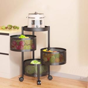 Desserte de Cuisine 3 Niveaux Chariot de Service &agrave; RoulettesEtag&egrave;res de Rangement 3 paniers ronds rotatifsNOIR