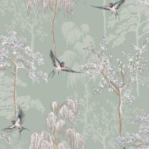 Papier peint - World of Wallpaper - Sauge - Design japonais - Floral - 10 m x 53 cm