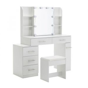 Coiffeuse blanche avec miroir lumineux et port USB THANADDO  coiffeuse de chambre  7 tiroirs  tabouret offert