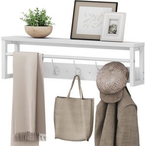HOOBRO Portemanteaux Mural &Eacute;tag&egrave;re de Rangement Suspendue avec Barre et 5 Crochets Ranger Parapluie Chapeau et &eacute;charpe Blanc