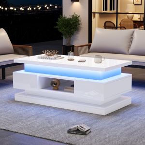 Table Basse Relevable - 100x50x40 cm - Blanc Brillant - Plateau Ajustable & LED - 2 Tiroirs + Coffre Cach&eacute; - Table de Salon Moderne