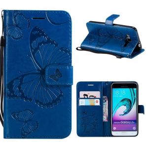 Galaxy J3 2016 Coque Etui &agrave; Rabat en PU Cuir Magn&eacute;tique Antichoc Flip Housse Portefeuille Papillon Samsung Galaxy J3 2016 - Bleu