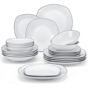 MALACASA Vaisselle ELISA-BT Service Complet de Table 24 Pièces pour 6 Personnes avec Bord Noir - Gris Blanc